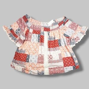 Skies Are Blue Patchwork Top Womens 3XL Flutter Sleeve Cottagecore Boho Flowy‎